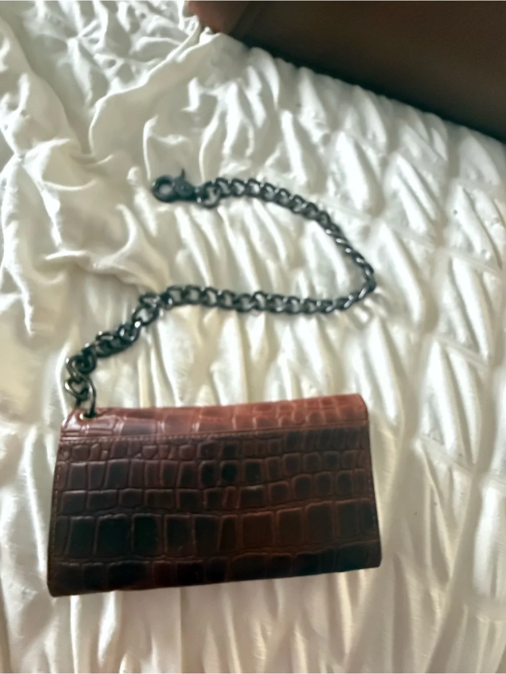 Brown Croc-Embossed Chain Shoulder Bag